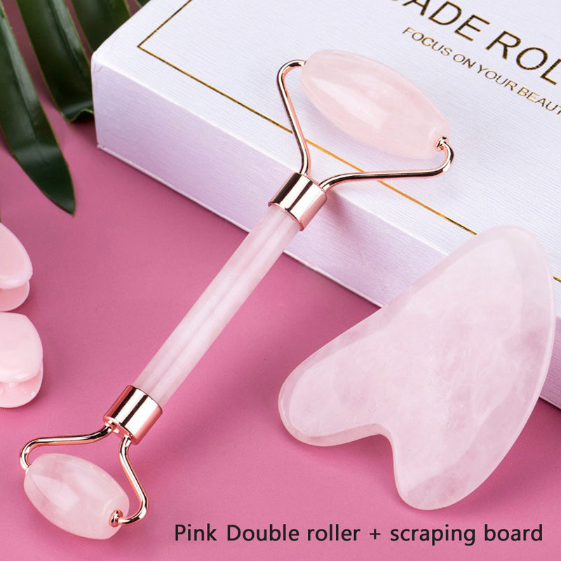 Ensemble Gua Sha et Rouleau de quartz rose - massage visage et détente