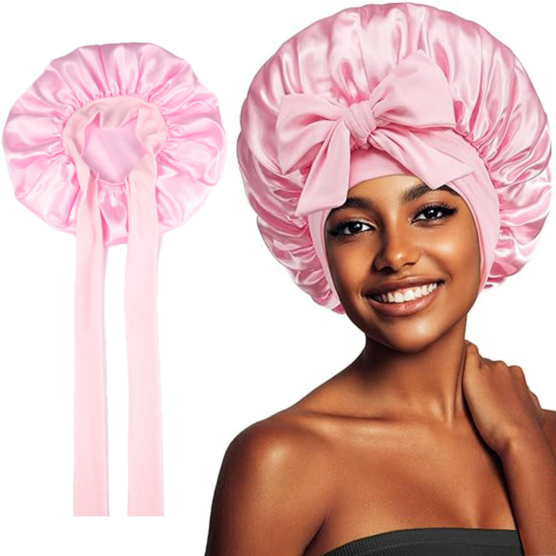 Bonnet de nuit en satin rose avec noeud - protection des cheveux