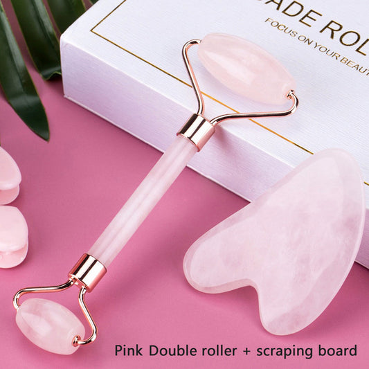 Ensemble Gua Sha et Rouleau de quartz rose - massage visage et détente
